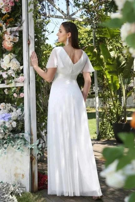 Vintage white V-Neck Short-Sleeves A-Line Floor-Length Tulle Prom Dresses - Image 5
