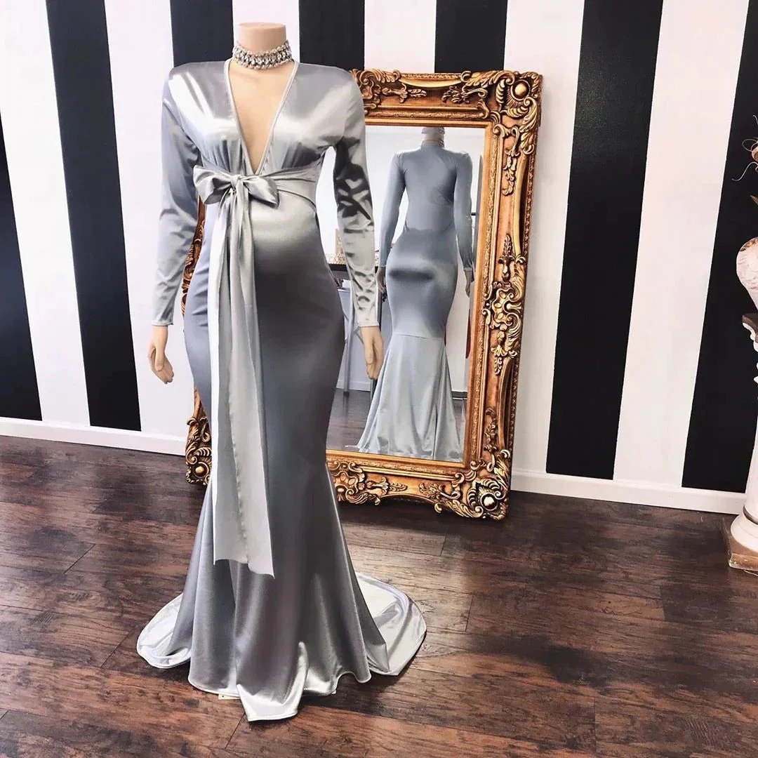 Vneck Long Sleeves Silky Ribbons Floor Length Maternity Dresses - Image 2
