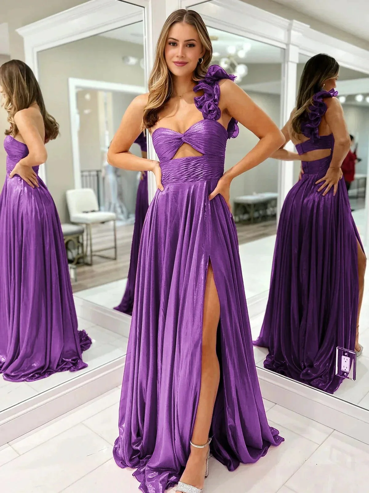 A-Line Fuchsia One Shoulder Keyhole Pleated Metallic Prom Dress with Slit - Image 10