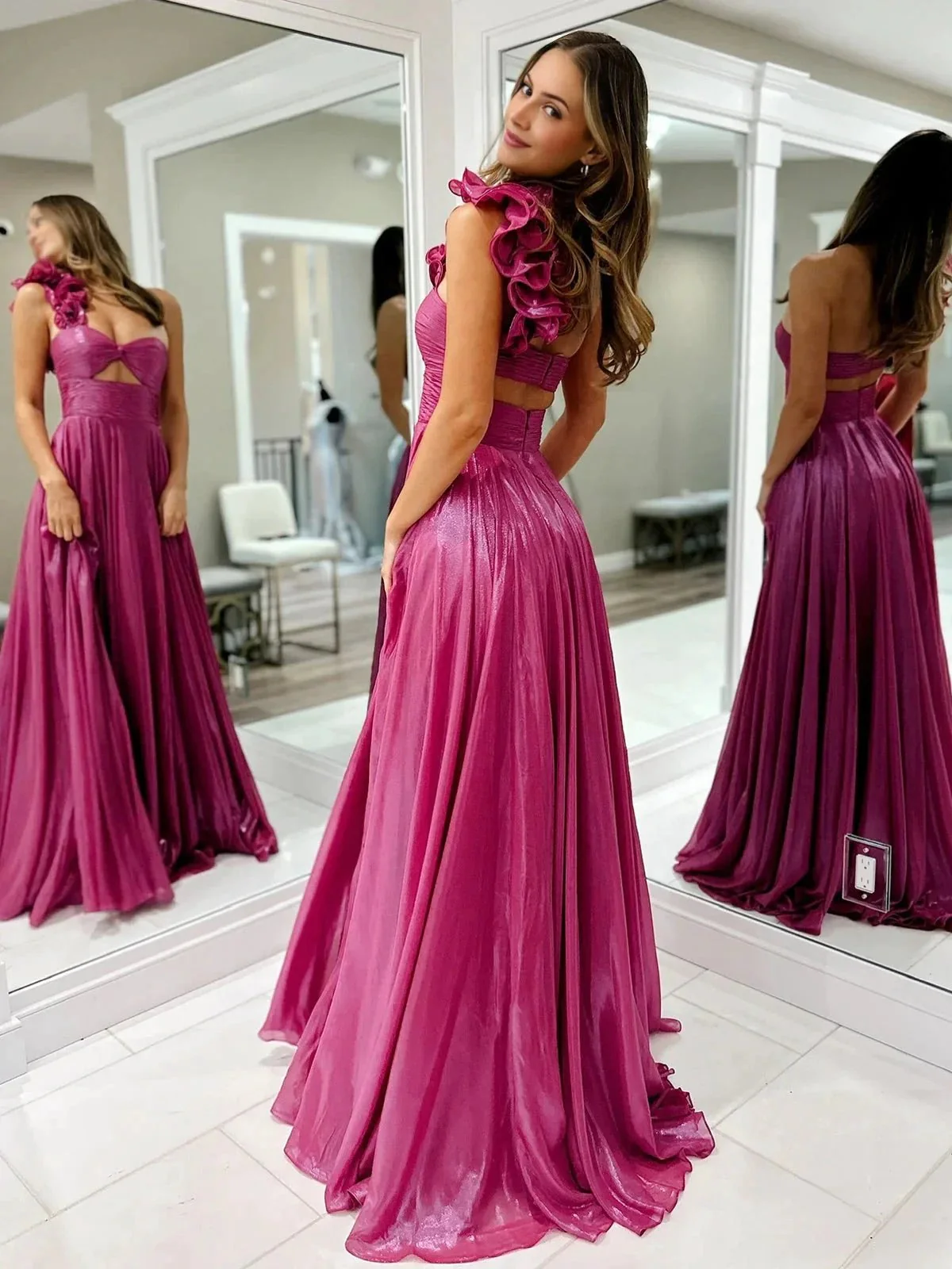 A-Line Fuchsia One Shoulder Keyhole Pleated Metallic Prom Dress with Slit - Image 2