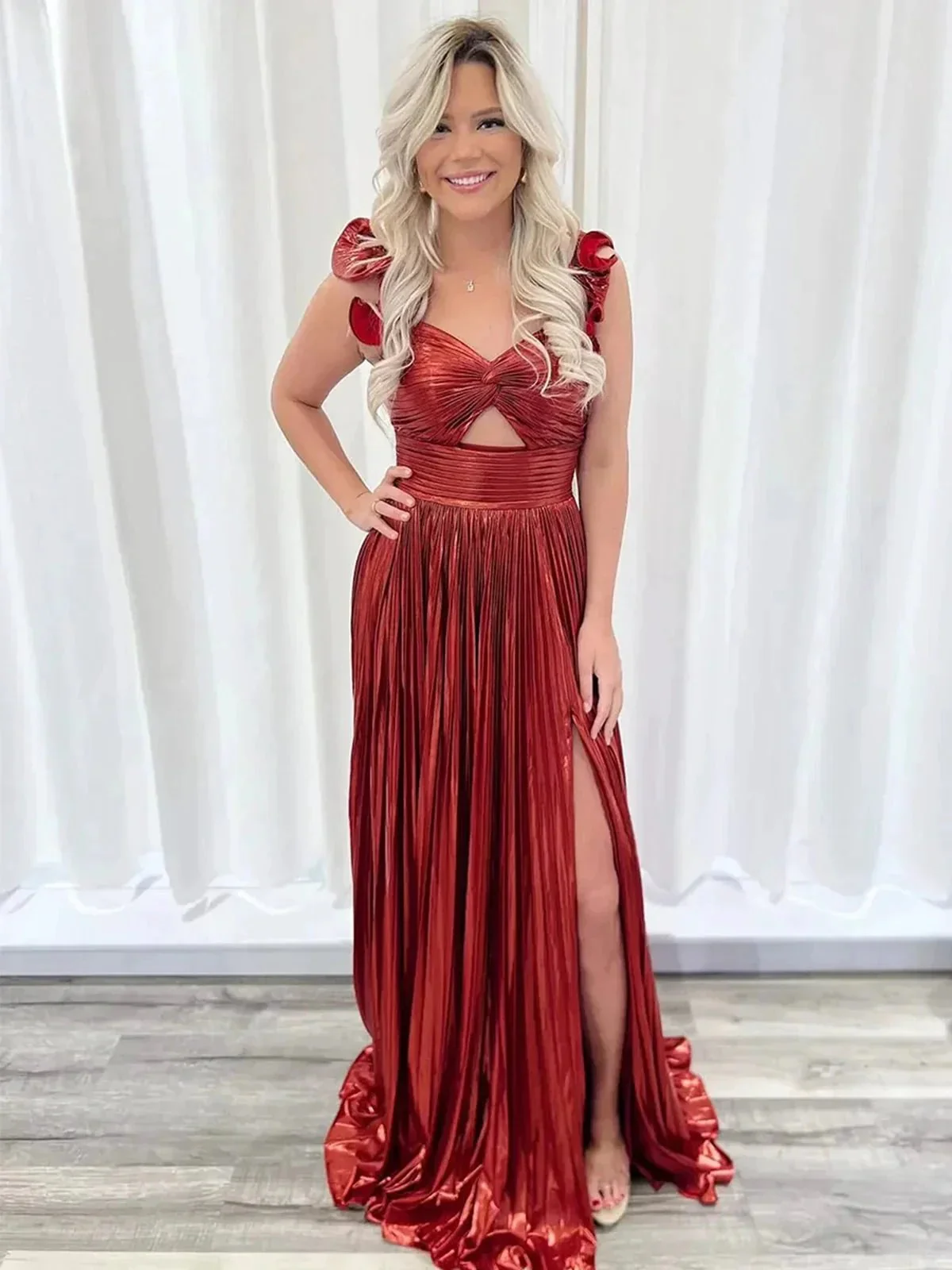 A-Line Fuchsia One Shoulder Keyhole Pleated Metallic Prom Dress with Slit - Image 4