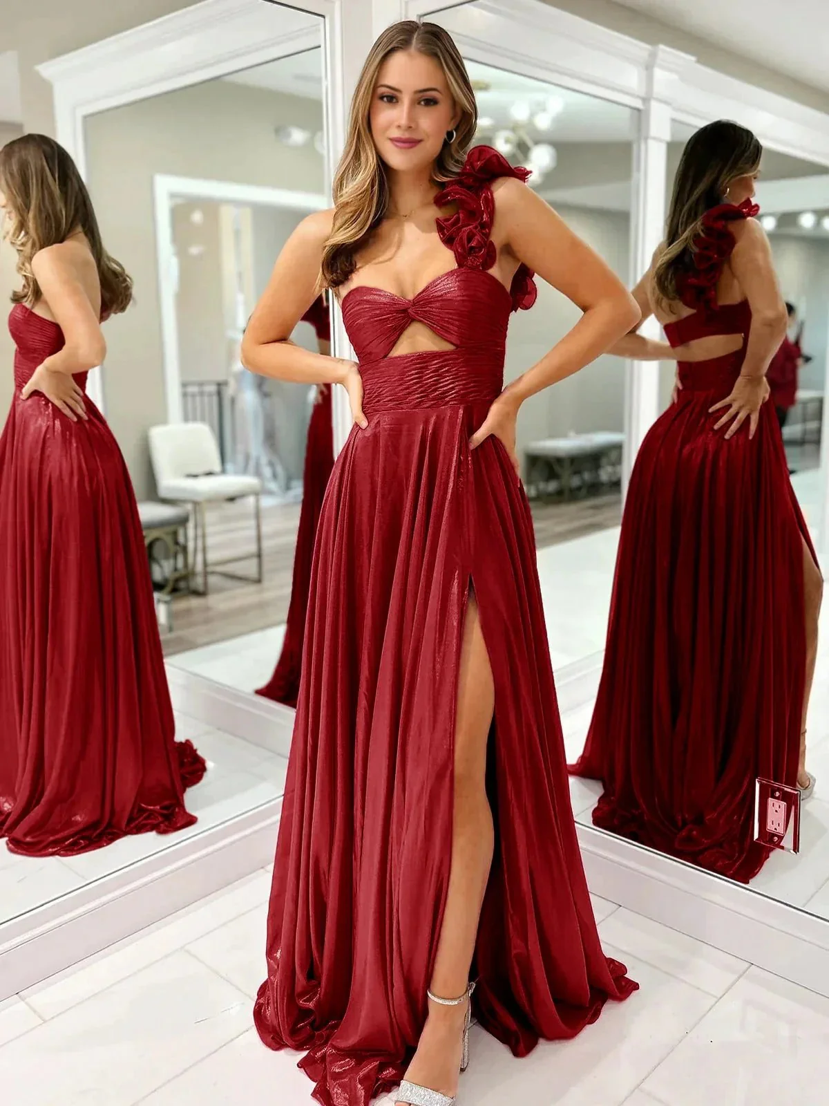 A-Line Fuchsia One Shoulder Keyhole Pleated Metallic Prom Dress with Slit - Image 5