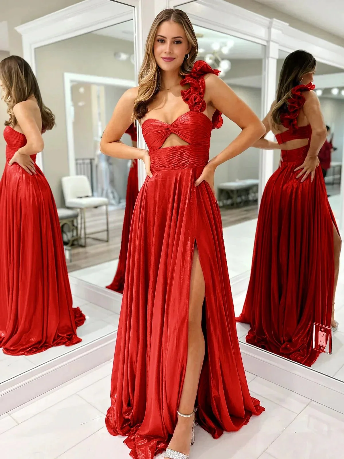 A-Line Fuchsia One Shoulder Keyhole Pleated Metallic Prom Dress with Slit - Image 8
