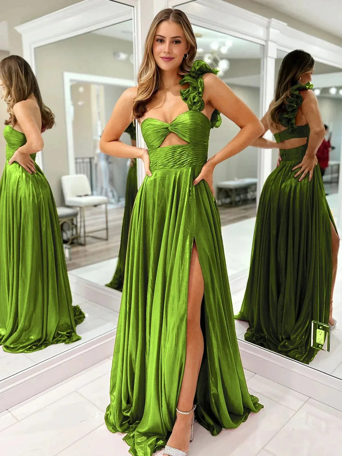 A-Line Fuchsia One Shoulder Keyhole Pleated Metallic Prom Dress with Slit - Image 9