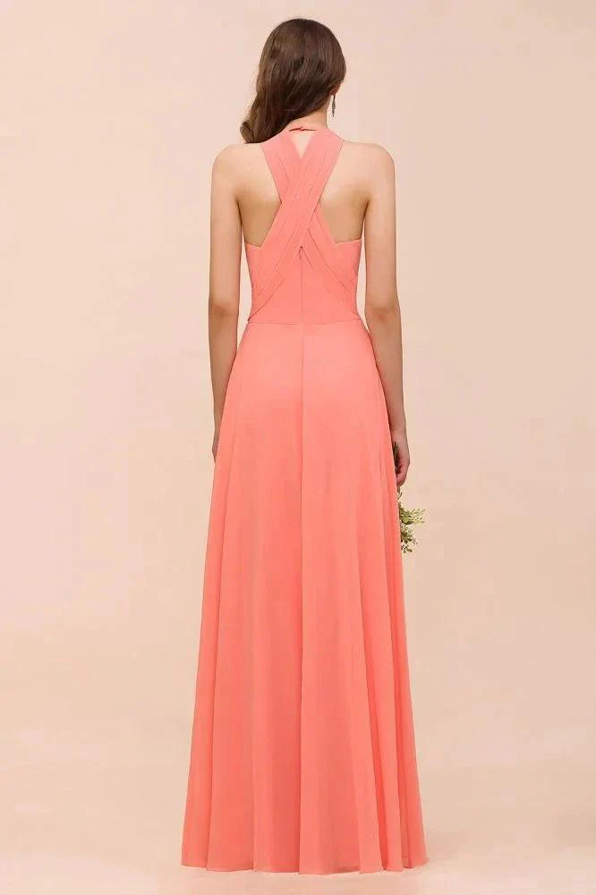 Watermelon Colorful Bridesmaid Maxi Dress Floor-Length V-Neck Maid of Honor Dress - Image 2
