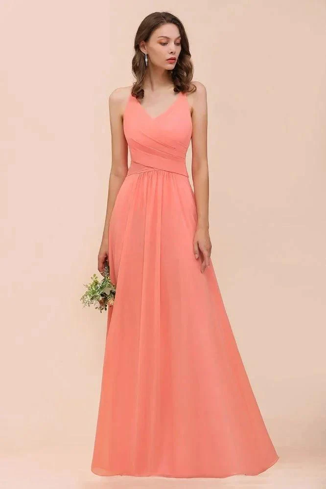 Watermelon Colorful Bridesmaid Maxi Dress Floor-Length V-Neck Maid of Honor Dress - Image 3