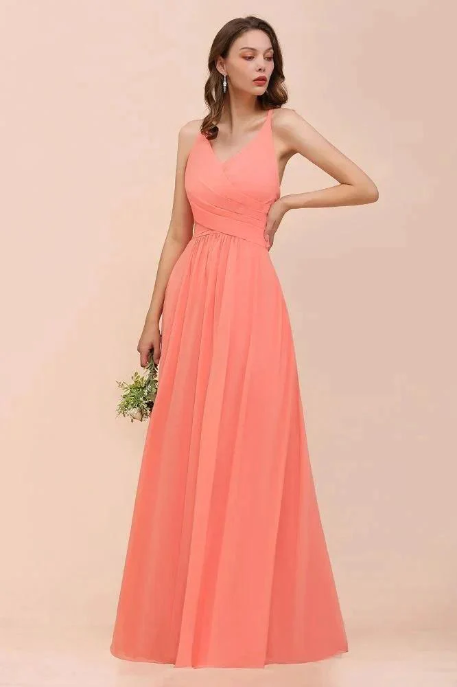 Watermelon Colorful Bridesmaid Maxi Dress Floor-Length V-Neck Maid of Honor Dress - Image 4