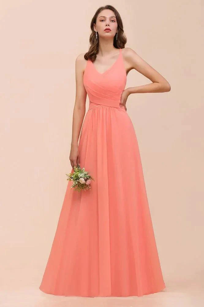 Watermelon Colorful Bridesmaid Maxi Dress Floor-Length V-Neck Maid of Honor Dress - Image 5