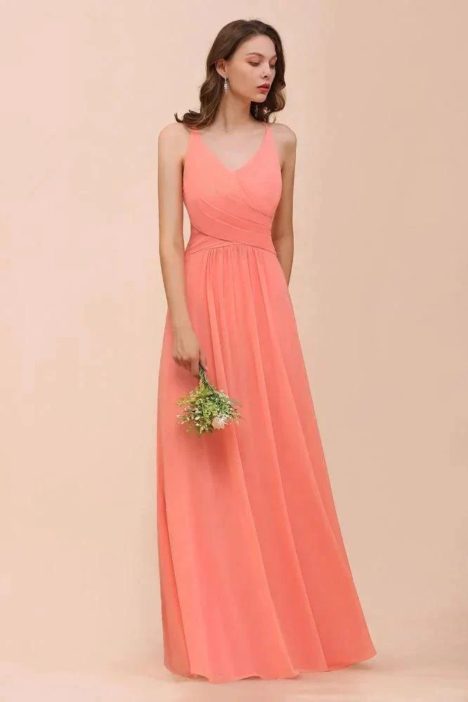 Watermelon Colorful Bridesmaid Maxi Dress Floor-Length V-Neck Maid of Honor Dress - Image 6