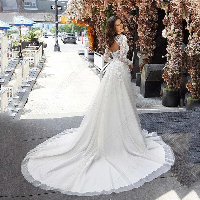 Wedding Dress A Line Removable Long Sleeve Bride Elegant Open Back Lace Bridal Gown Applique Tulle Vestido De Noiva - Image 2