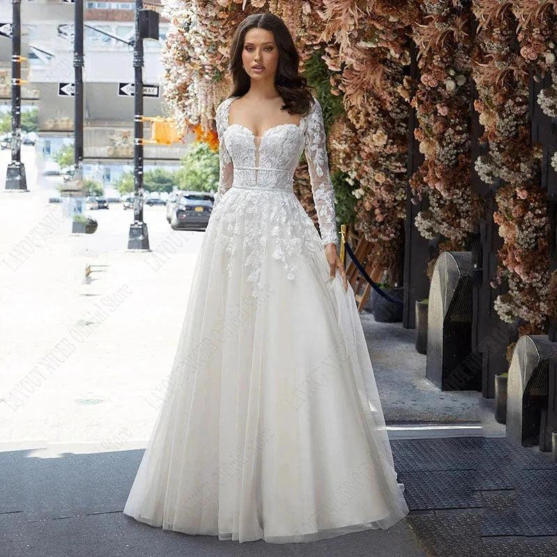 Wedding Dress A Line Removable Long Sleeve Bride Elegant Open Back Lace Bridal Gown Applique Tulle Vestido De Noiva - Image 4