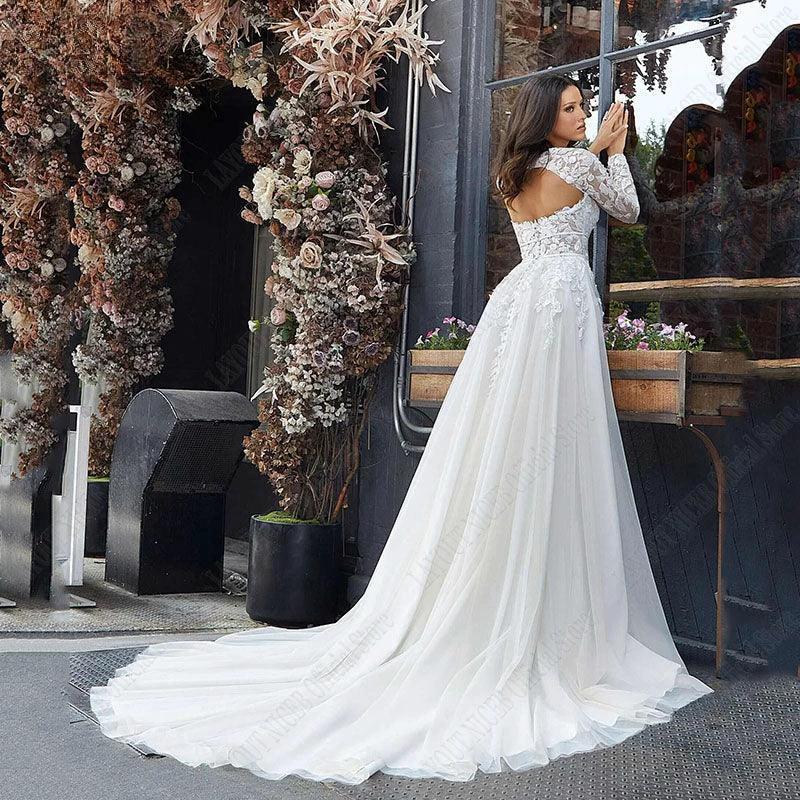 Wedding Dress A Line Removable Long Sleeve Bride Elegant Open Back Lace Bridal Gown Applique Tulle Vestido De Noiva - Image 5