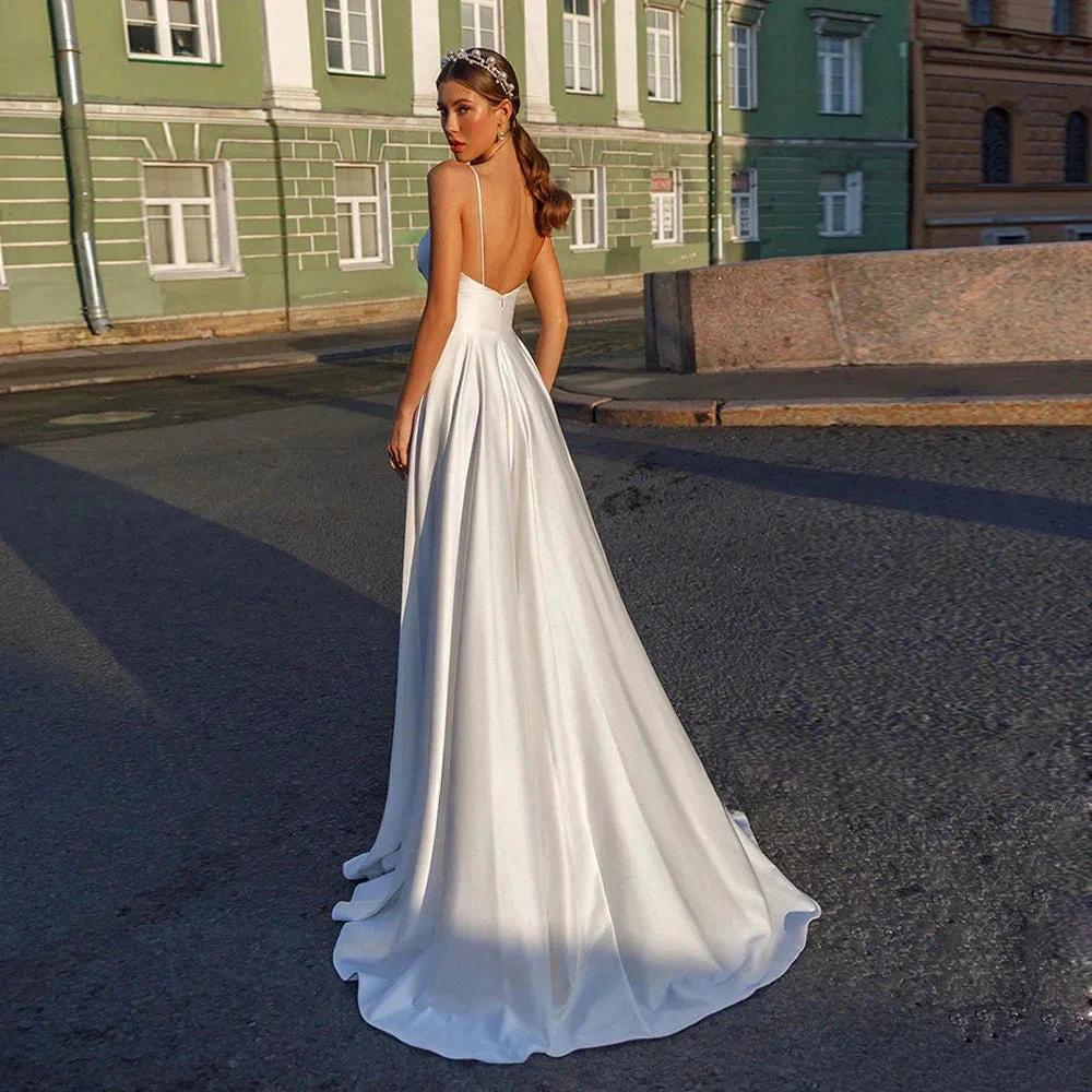 Wedding Dress Sexy Spaghetti Straps V Neck Backless Satin Bridal Gown Sweep Train Vestidos De Novia Marriage Dresses LO2066 - Image 2