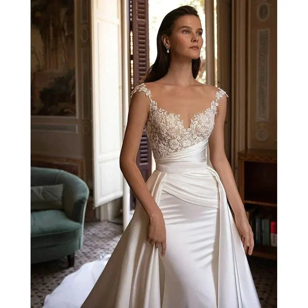 Wedding Dress Stain White Appliques Court Train Pleated Sweetheart Pleat Elegant Vestidos De Fiesta Elegantes Para Mujer 2023 - Image 3