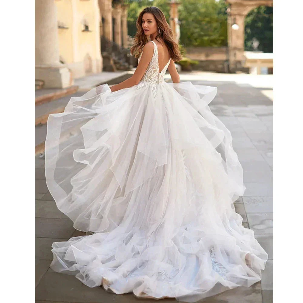 Wedding Dresses 2023 Bohemia A-line Sexy V-neck Pleated Backless Button Bridal Gowns Women's Elegant Backless Vestidos De Novia - Image 2
