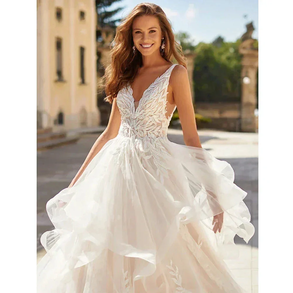 Wedding Dresses 2023 Bohemia A-line Sexy V-neck Pleated Backless Button Bridal Gowns Women's Elegant Backless Vestidos De Novia - Image 3
