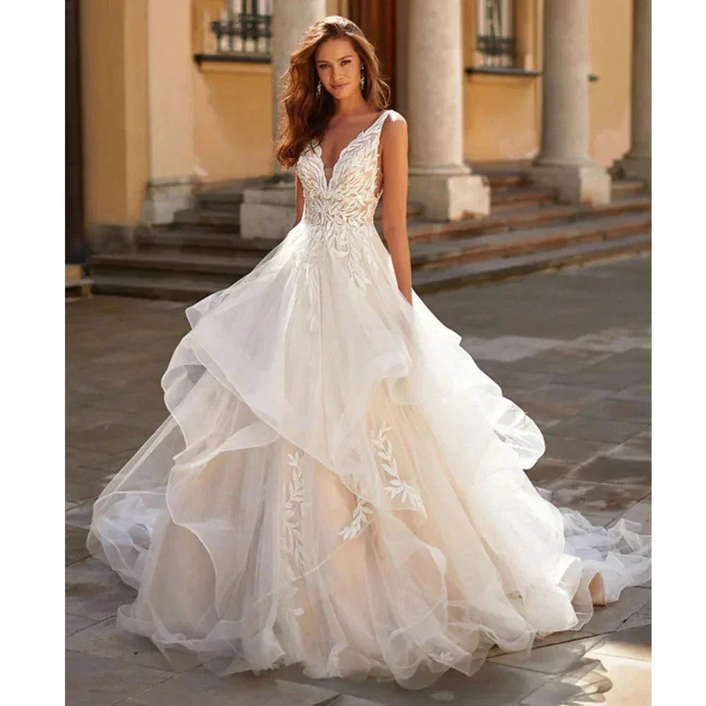 Wedding Dresses 2023 Bohemia A-line Sexy V-neck Pleated Backless Button Bridal Gowns Women's Elegant Backless Vestidos De Novia - Image 4