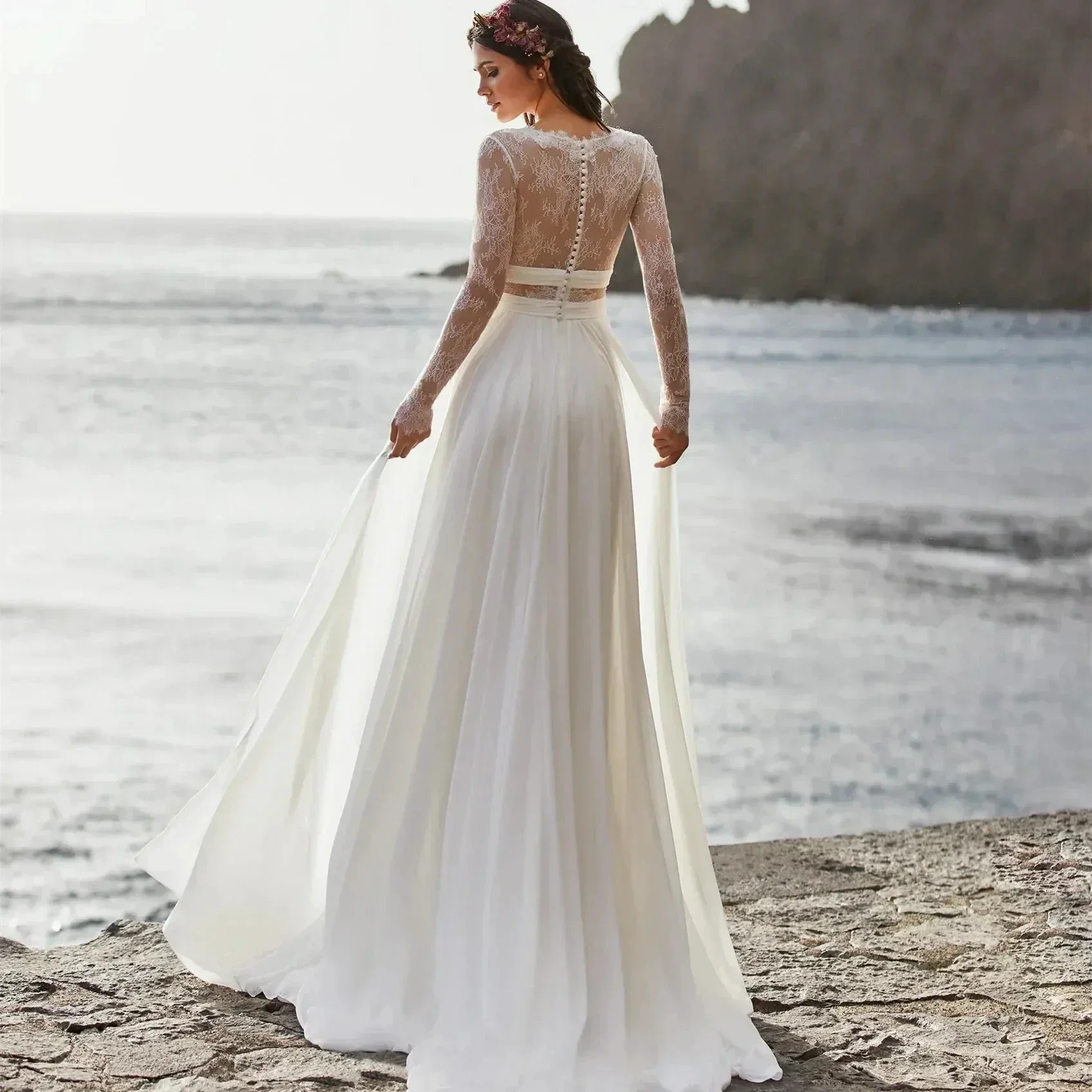 Wedding Dresses A-Line V-Neck Bridal Gowns Long Sleeves Chiffon And Satin Robes For Formal Party 2024 Vestidos De Novia - Image 2