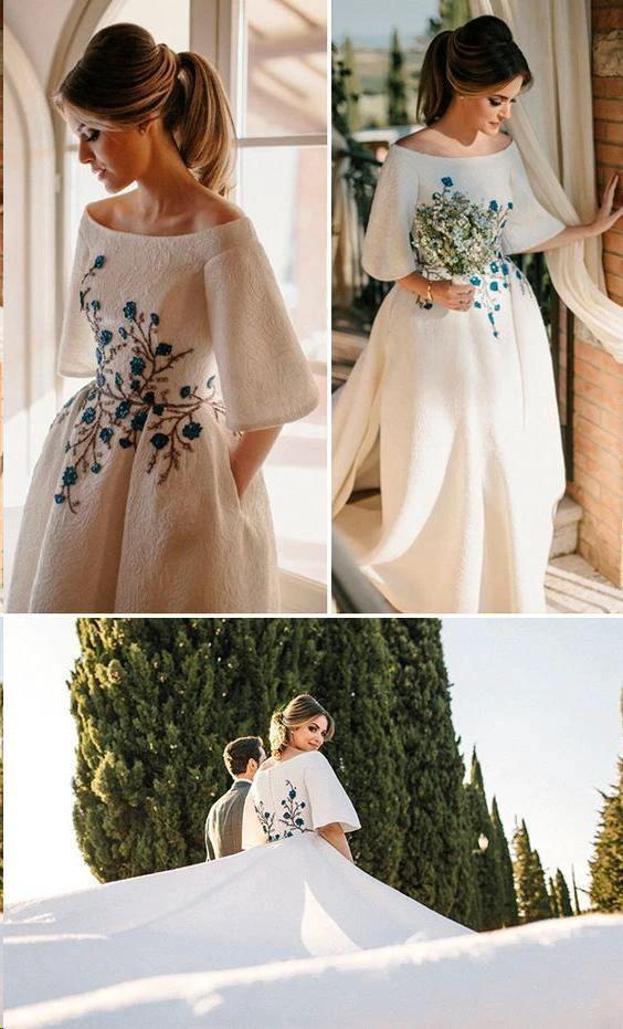 Wedding Dresses Bateau Embroidery Romantic Half Sleeve Bridal Gown  WD483 - Image 4