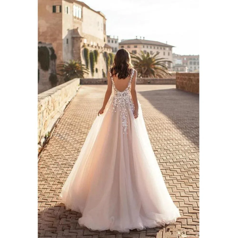Wedding Dresses Beach Wedding Women Sexy V Large Decal 3D Flower Tulle Sleeveless Bridal Gowns Vestido De Novia Robe Mariée - Image 2