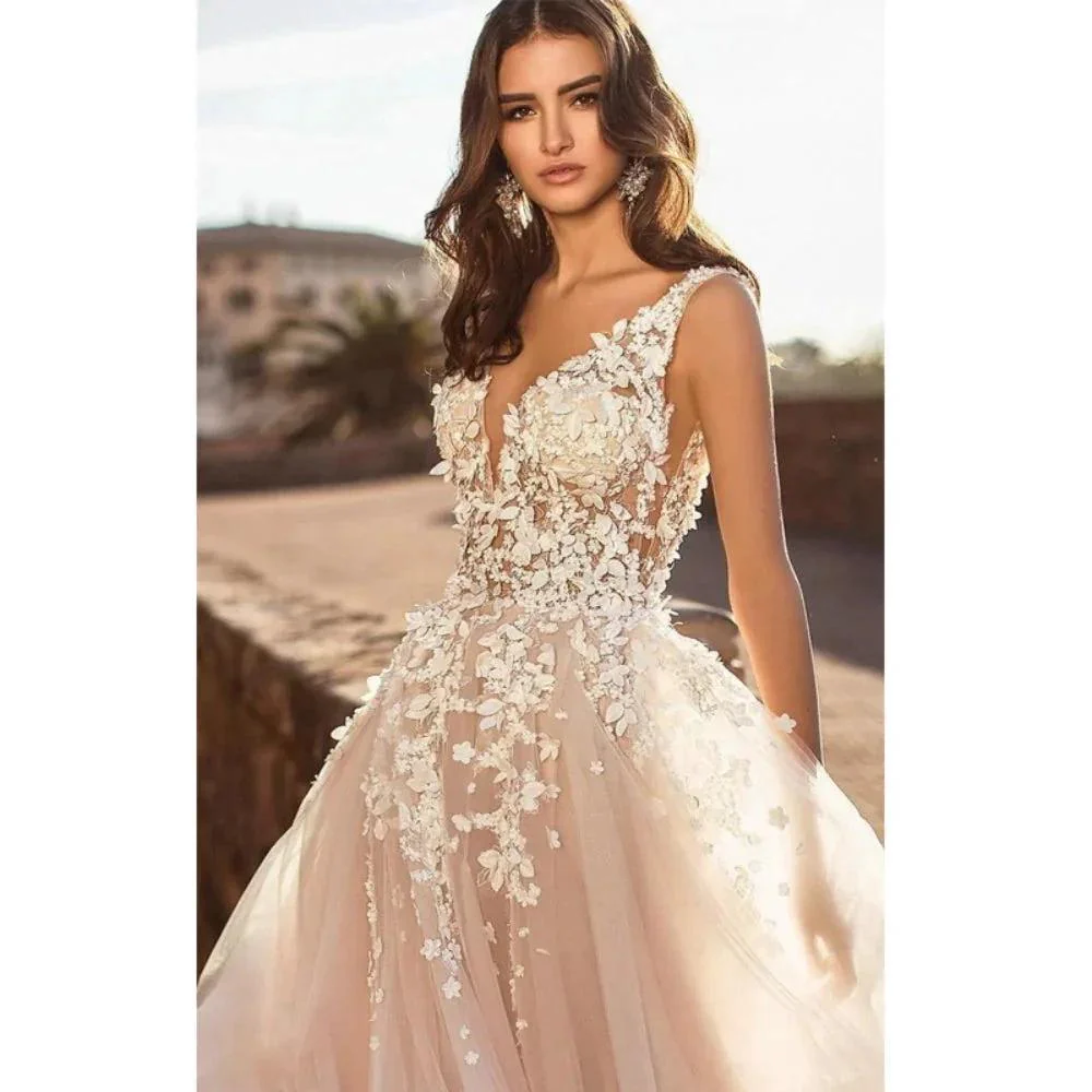 Wedding Dresses Beach Wedding Women Sexy V Large Decal 3D Flower Tulle Sleeveless Bridal Gowns Vestido De Novia Robe Mariée - Image 3