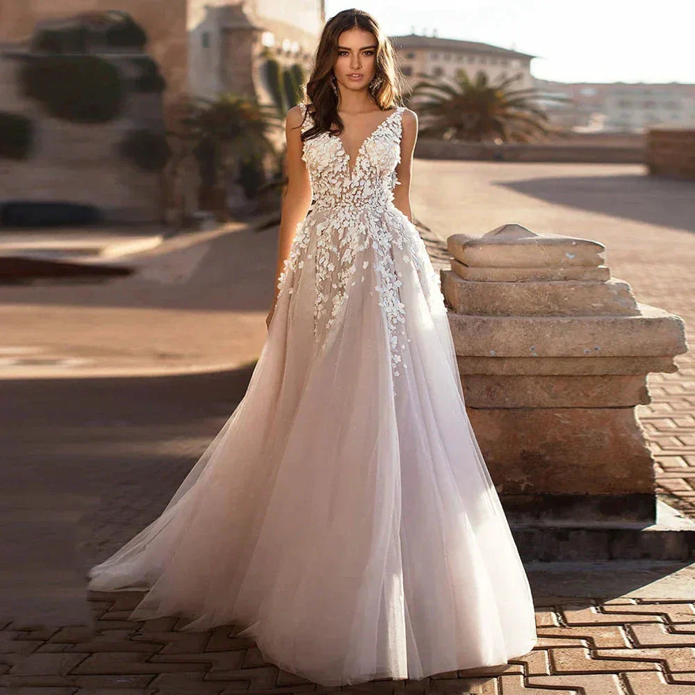Wedding Dresses Beach Wedding Women Sexy V Large Decal 3D Flower Tulle Sleeveless Bridal Gowns Vestido De Novia Robe Mariée - Image 4