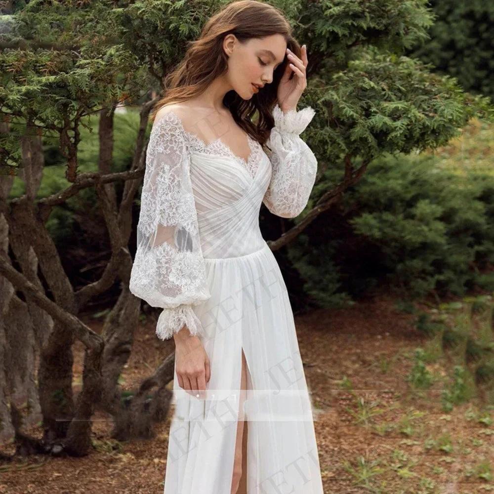 Wedding Dresses Boho Beach Lace Long Sleeves Split Vestidos De Novia Elegant Bohemian Bridal Gown Chiffon Illusion O Neck - Image 3