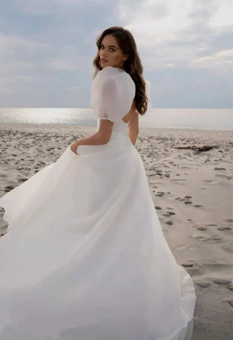 Wedding Dresses Charming A-Line Square Neck Short Sleeves with Train - Image 3