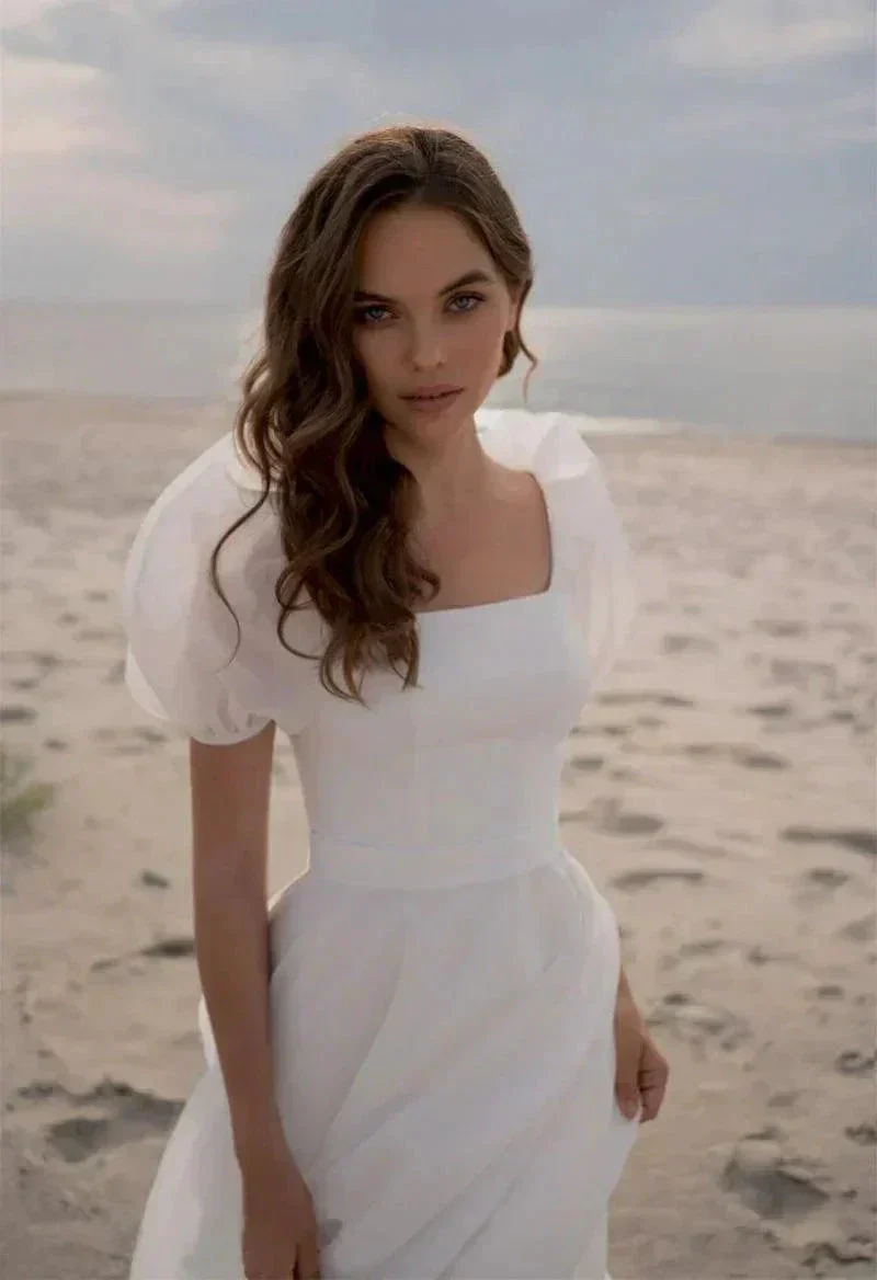 Wedding Dresses Charming A-Line Square Neck Short Sleeves with Train - Image 4