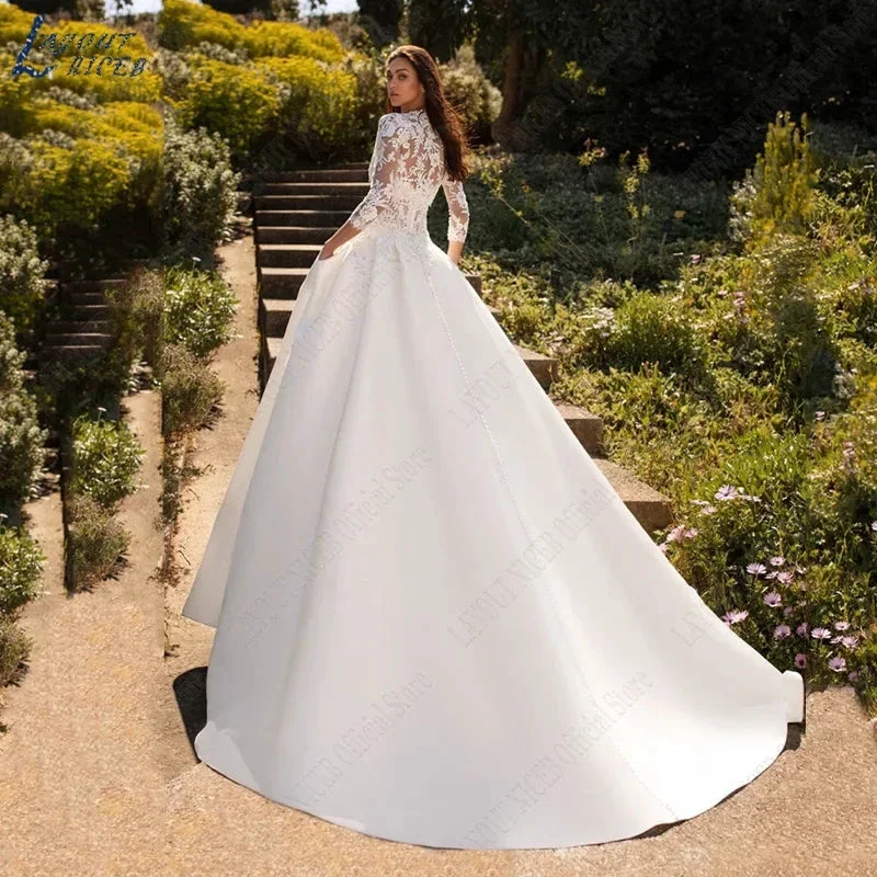 Wedding Dresses For Woman Lace Half Sleeves Luxury Satin Bridal Gown Illusion Appliqued Bride Vestidos De Boda 2023 - Image 2