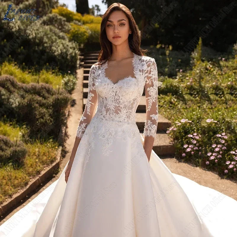 Wedding Dresses For Woman Lace Half Sleeves Luxury Satin Bridal Gown Illusion Appliqued Bride Vestidos De Boda 2023 - Image 3