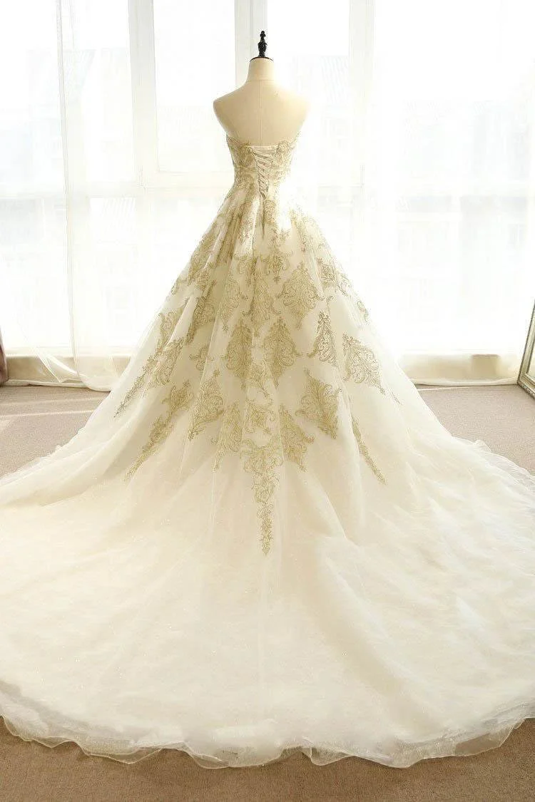 Wedding Dresses Ivory Gold Appliques Sweep/Brush Train Bridal Gown   WD430 - Image 2