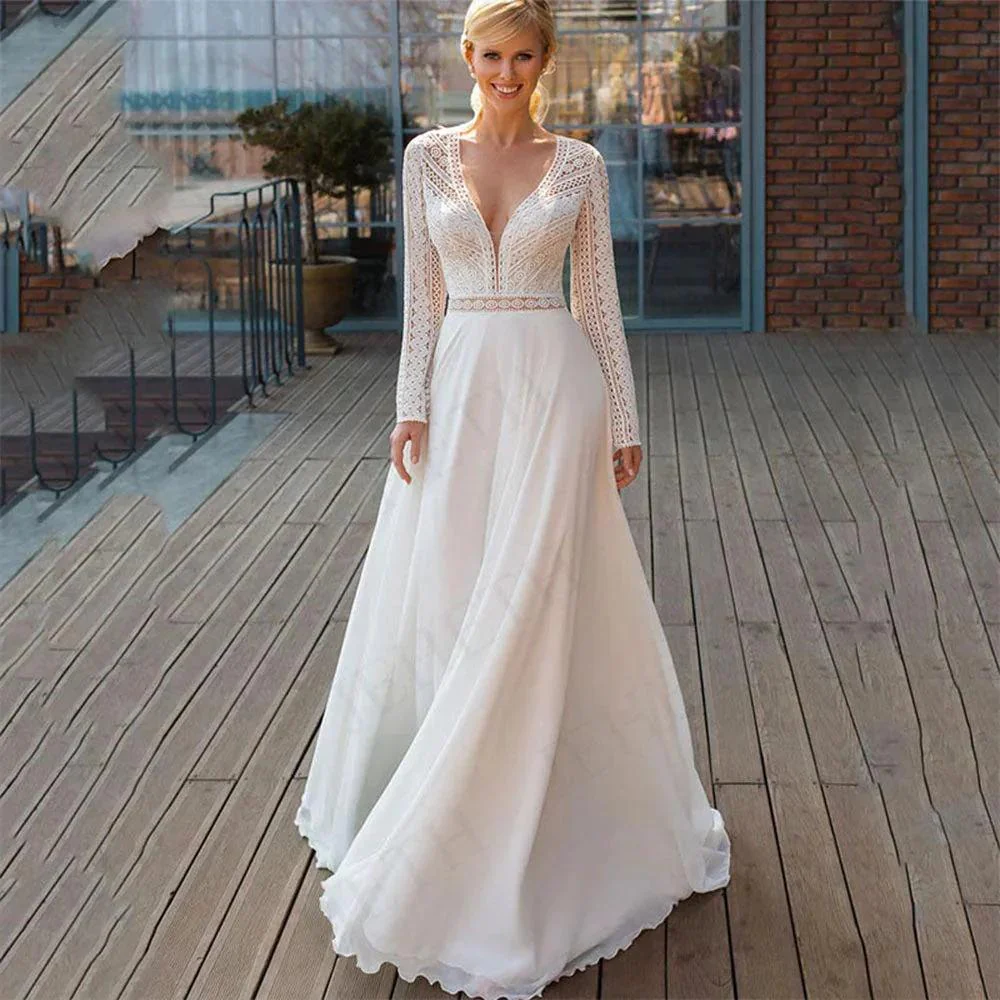 Wedding Dresses Long Sleeves Bohemian Illusion Lace Appliqued Chiffon Bridal Gowns Beach V-Neck A Line Robes