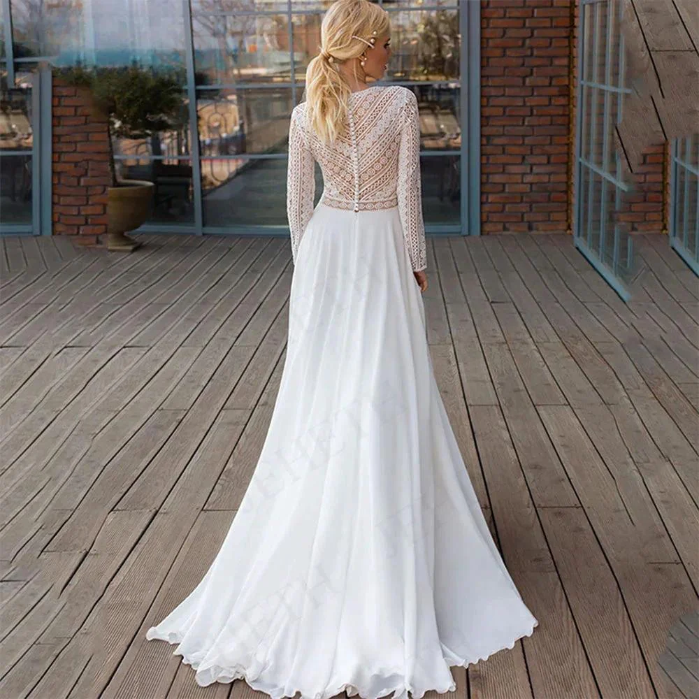 Wedding Dresses Long Sleeves Bohemian Illusion Lace Appliqued Chiffon Bridal Gowns Beach V-Neck A Line Robes - Image 2