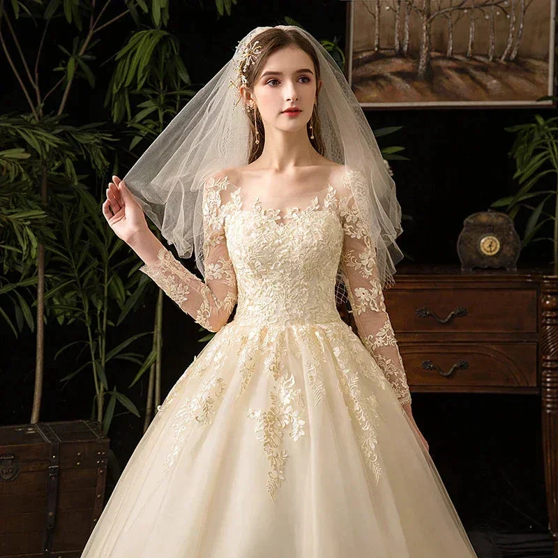 Wedding Dresses Muslim Champagne Full Sleeve Lace Bridal New Luxury Ball Gown Wedding Dress Vestido De Noiva - Image 3
