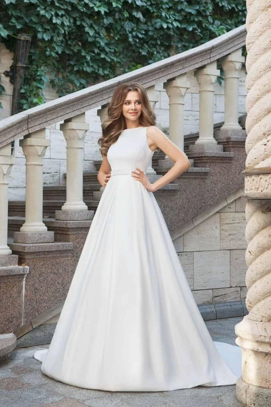 Wedding Dresses Scoop  A-line Long Train Simple Satin Bridal Gown  WD449 - Image 2