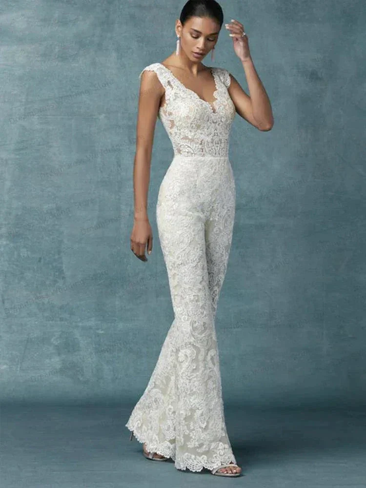 Wedding Dresses With Detachable Train Bride Pants Suit Lace Appliqued Sleeveless Women Brides Outfits Backless Custom - Image 3