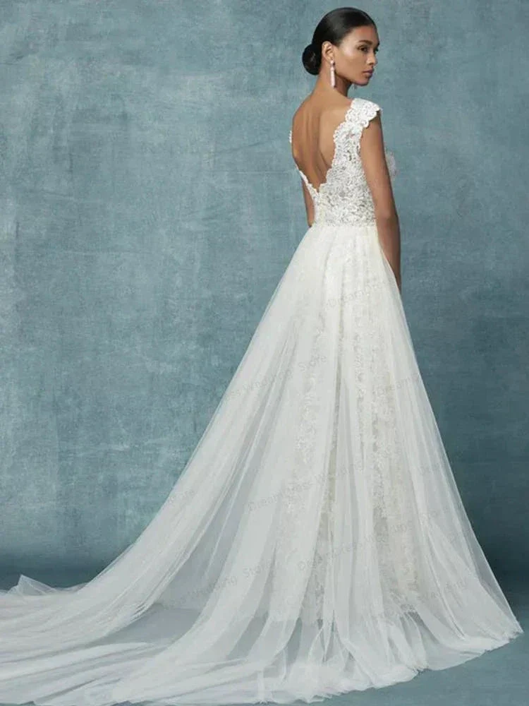 Wedding Dresses With Detachable Train Bride Pants Suit Lace Appliqued Sleeveless Women Brides Outfits Backless Custom - Image 4