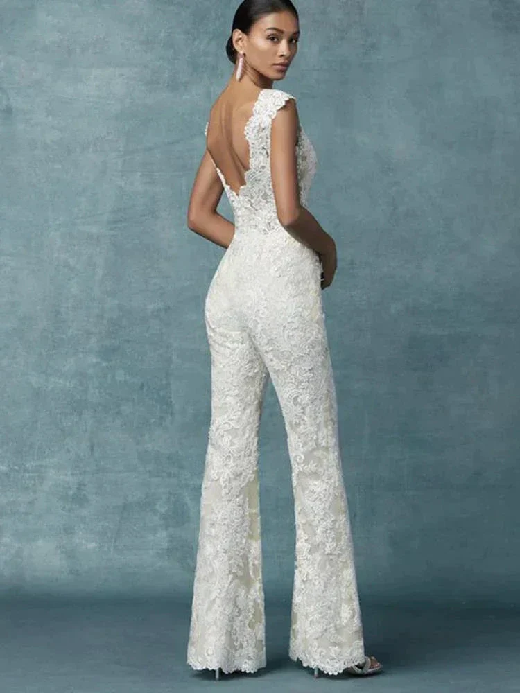 Wedding Dresses With Detachable Train Bride Pants Suit Lace Appliqued Sleeveless Women Brides Outfits Backless Custom - Image 5