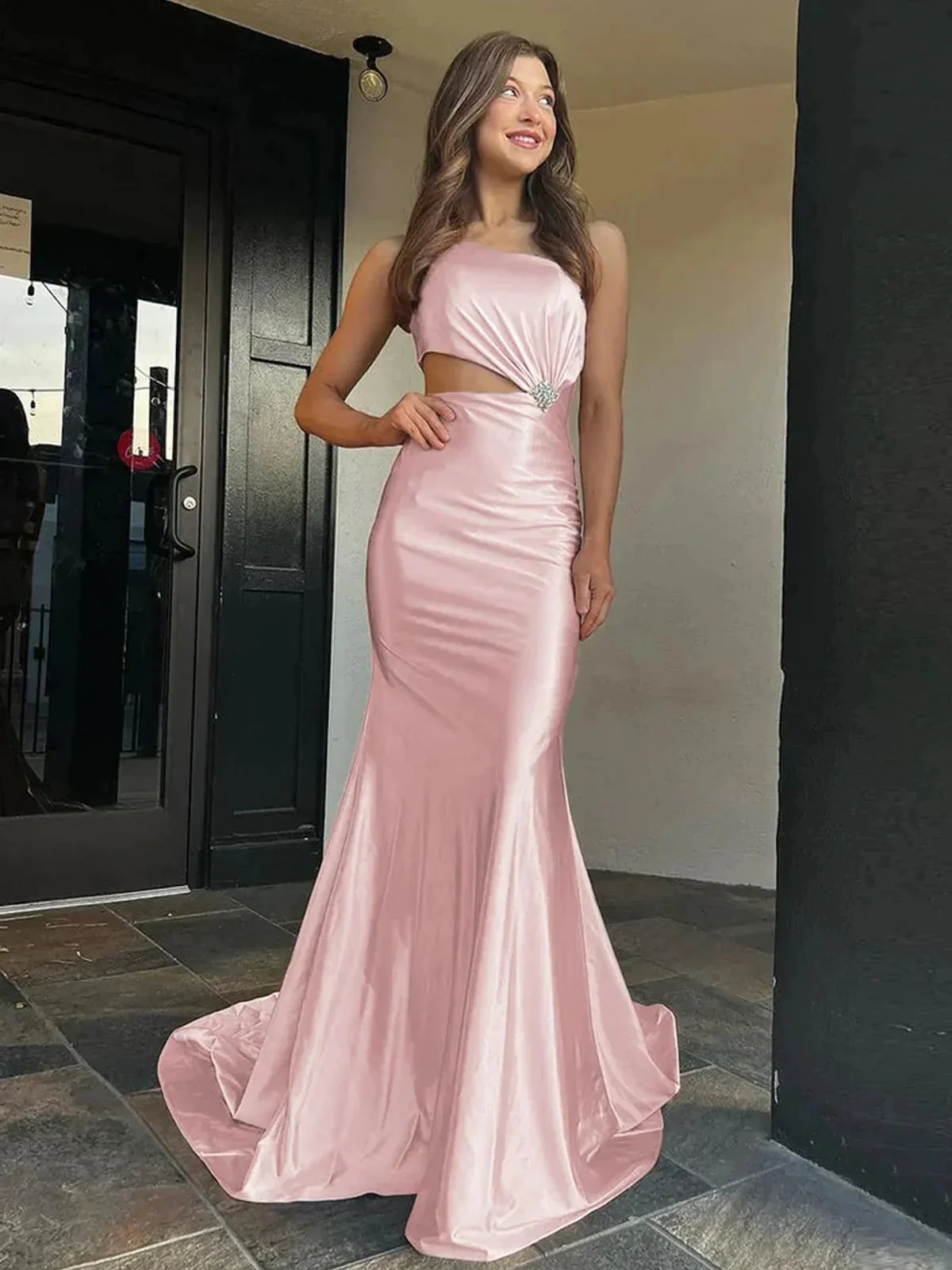 Welsie | Champagne One-Shoulder Mermaid Satin Long Prom Dress - Image 4