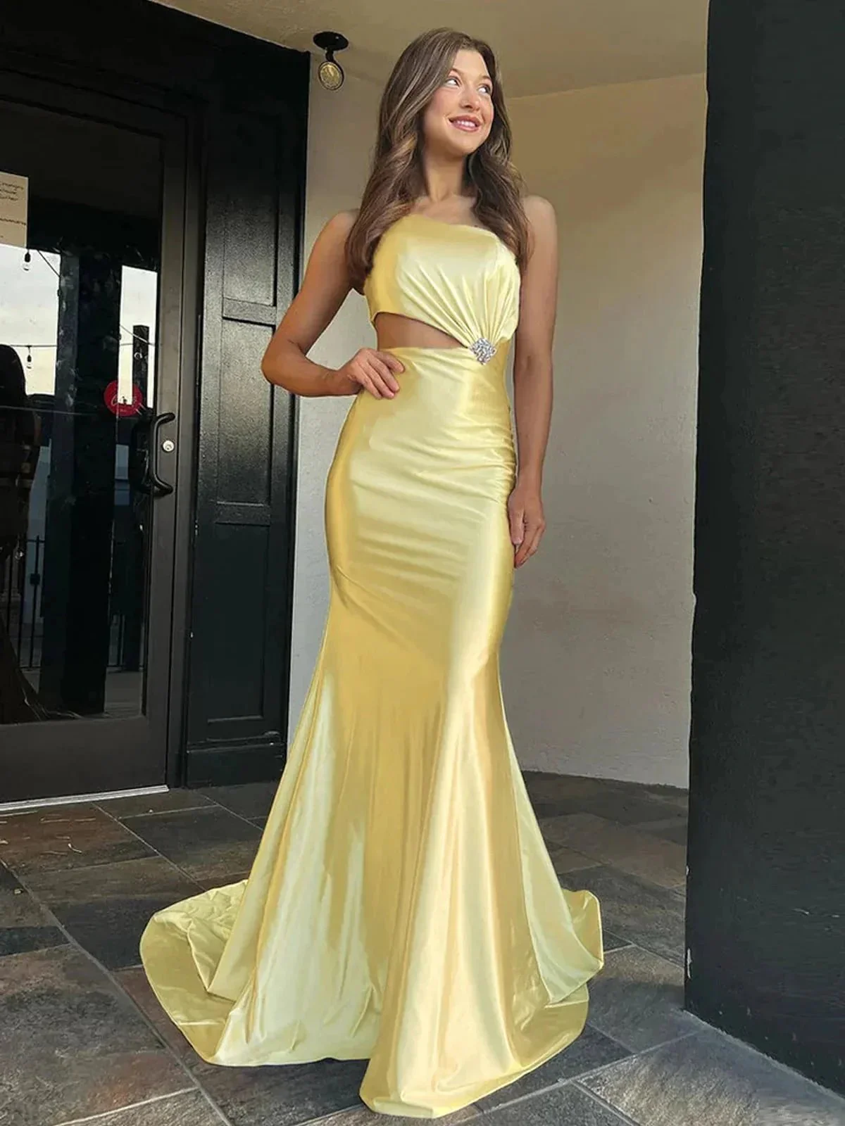 Welsie | Champagne One-Shoulder Mermaid Satin Long Prom Dress - Image 7