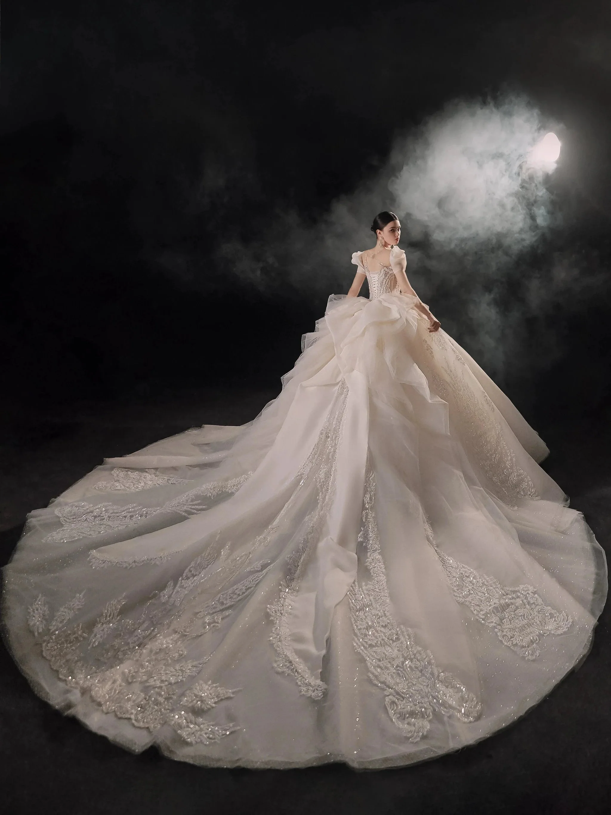 Gorgeous Puff-Sleeve Ball Gown Sweetheart Neckline Beaded Lace Wedding Dress with Ruffled Train E-309 - Image 10