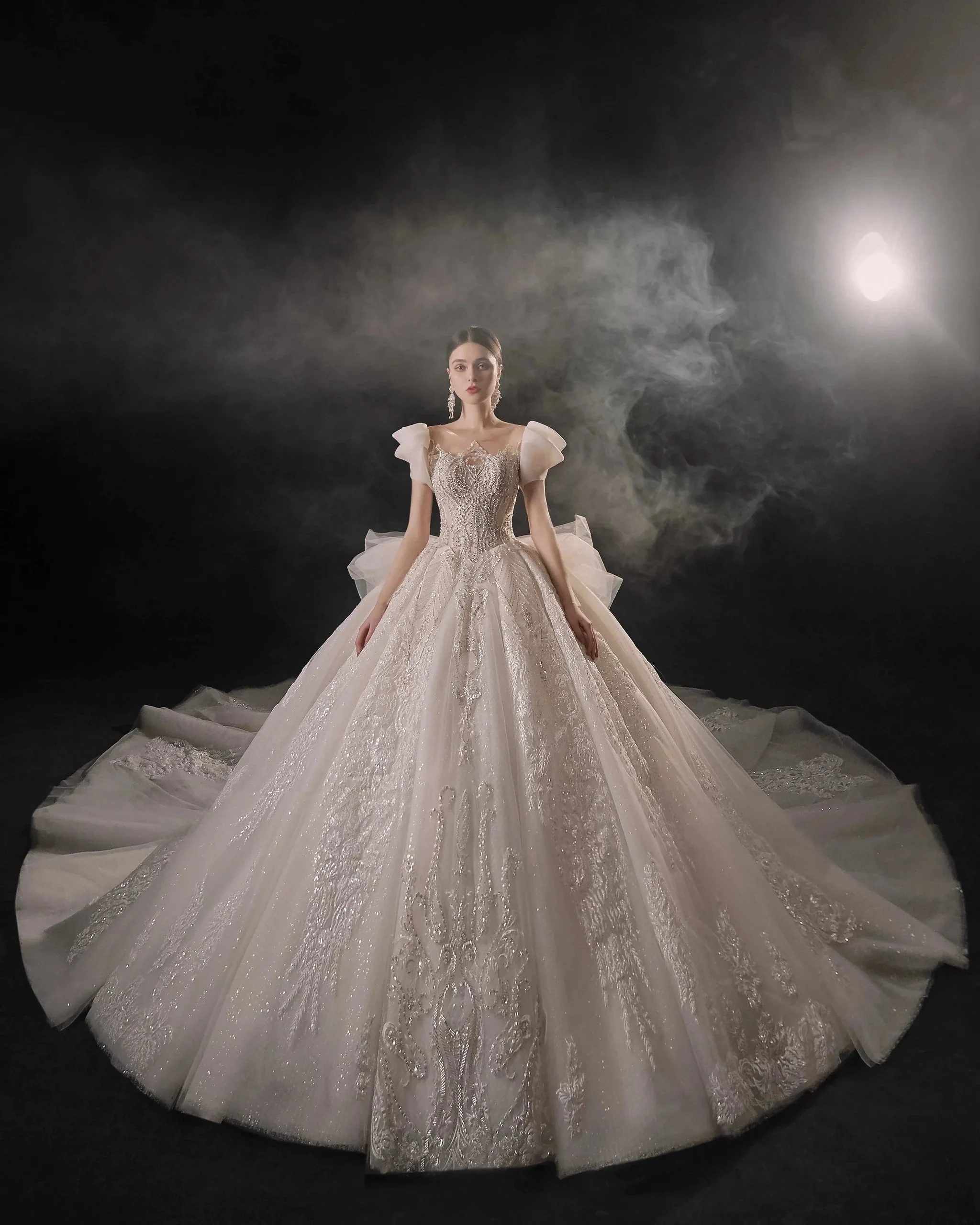 Gorgeous Puff-Sleeve Ball Gown Sweetheart Neckline Beaded Lace Wedding Dress with Ruffled Train E-309 - Image 2