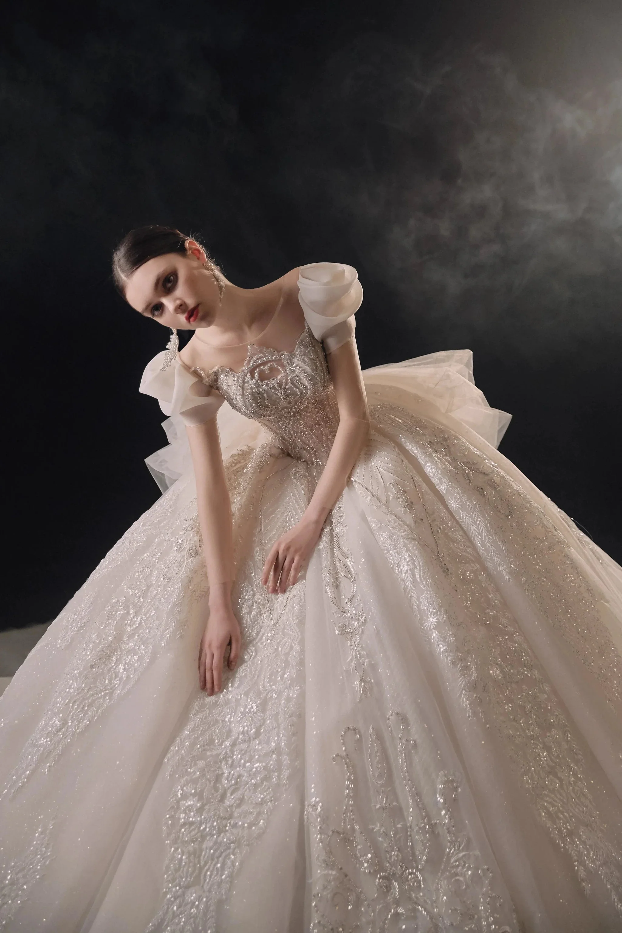 Gorgeous Puff-Sleeve Ball Gown Sweetheart Neckline Beaded Lace Wedding Dress with Ruffled Train E-309 - Image 6