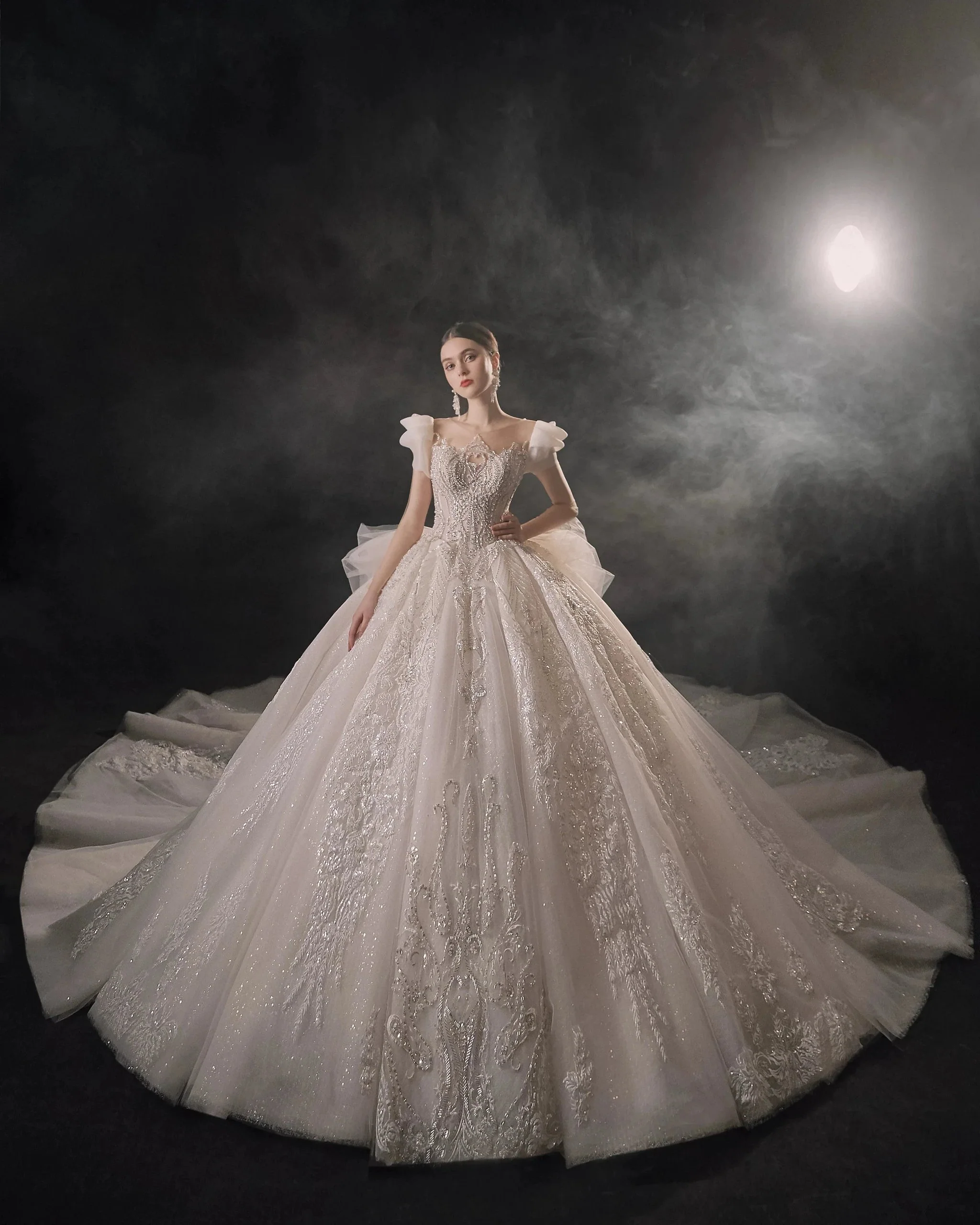 Gorgeous Puff-Sleeve Ball Gown Sweetheart Neckline Beaded Lace Wedding Dress with Ruffled Train E-309 - Image 8