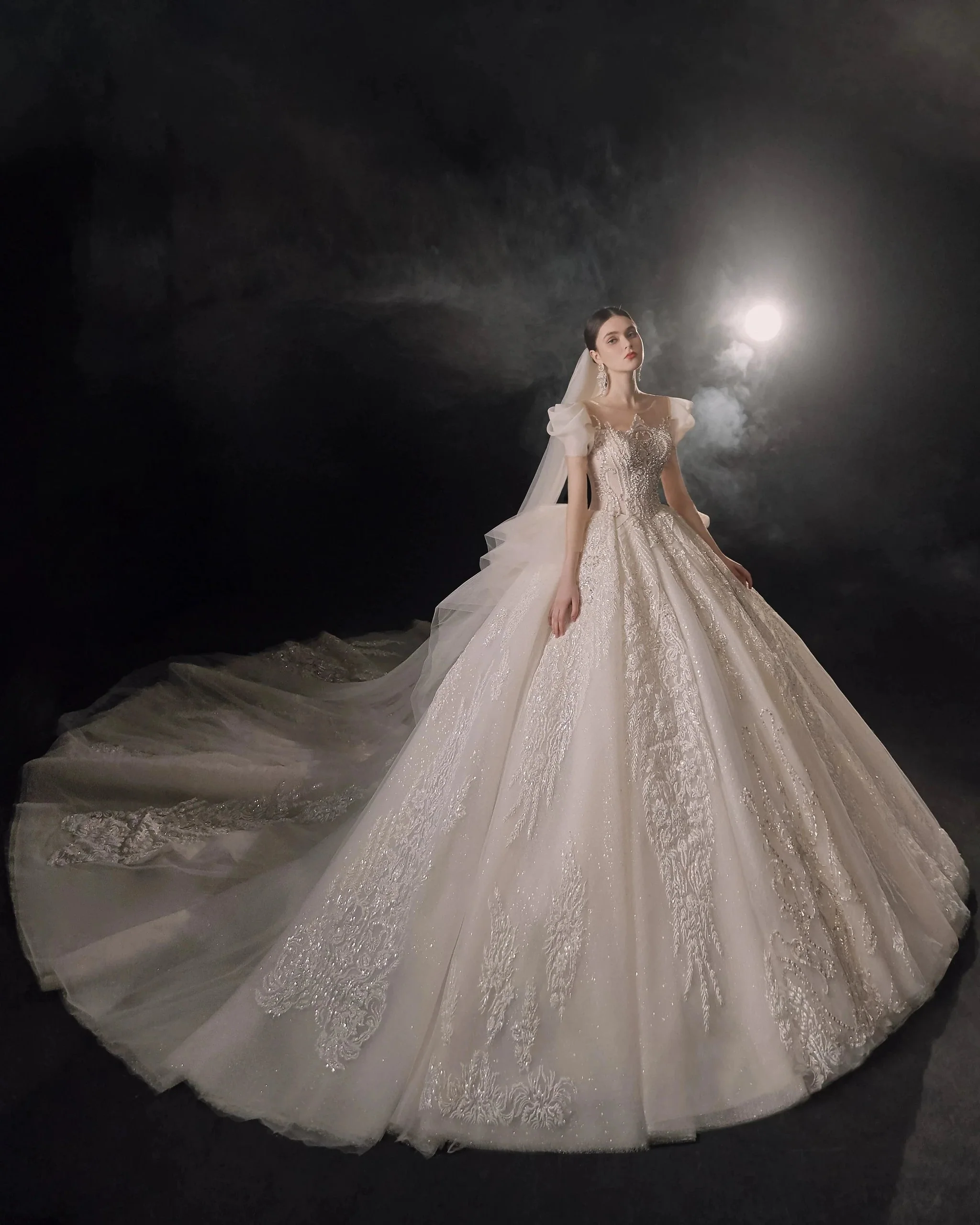 Gorgeous Puff-Sleeve Ball Gown Sweetheart Neckline Beaded Lace Wedding Dress with Ruffled Train E-309 - Image 9