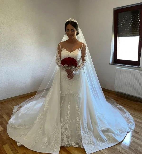 White A-line Lace Mermaid Wedding Gown with Detachable Sweep Train - Image 3