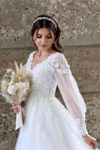 White A-line Long Sleeves Tulle Wedding Dress With Lace - Image 2