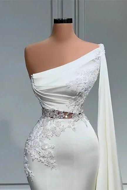 White Asymmetric One Shoulder Mermaid Stretch Satin Prom Dress - Image 2