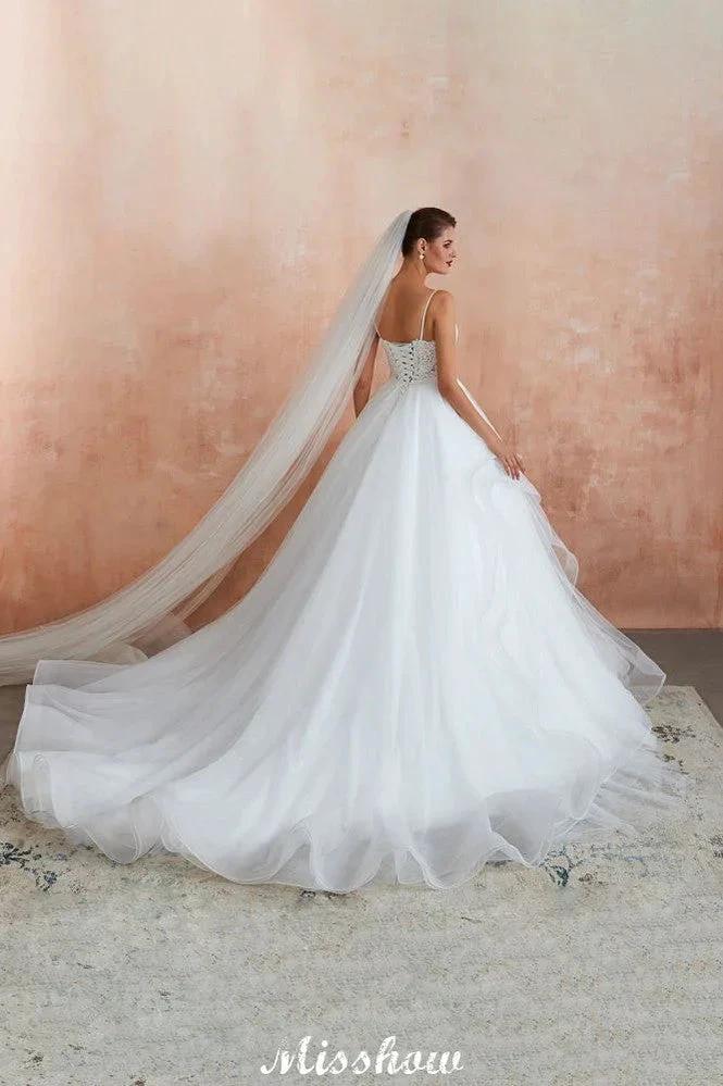 White Ball Gown Wedding Dress with Chapel Train, Spaghetti Strap See-through Lace up Bridal Gowns for Sale - Image 10